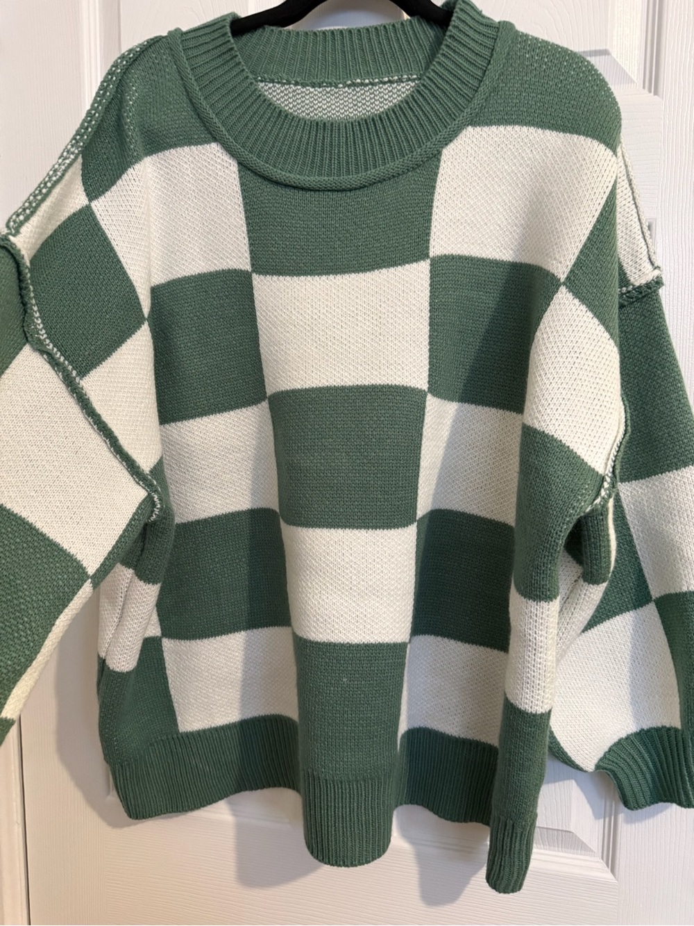 Green and White Checkerboard Knit Sweater - Women's Crewneck